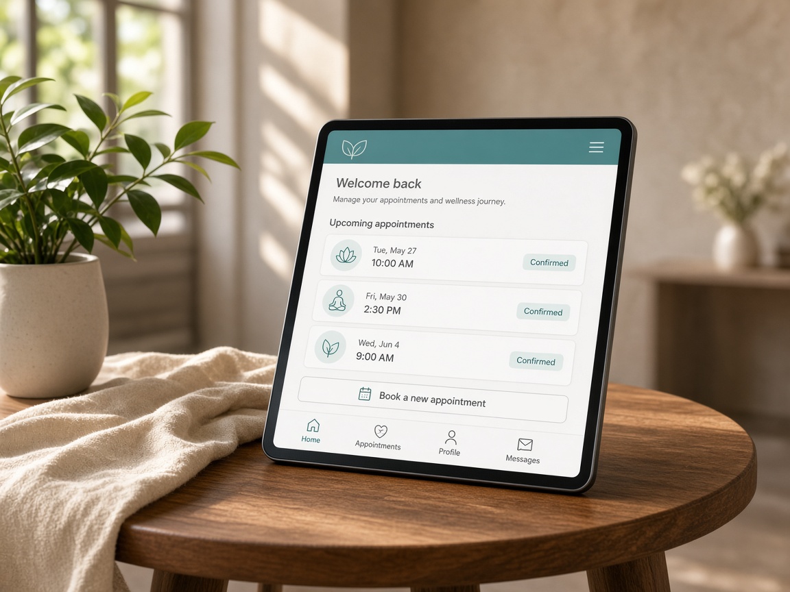Tablet in a clinic lobby showing a client booking portal
