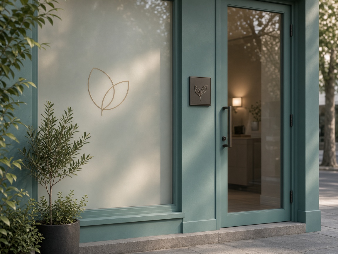 Boutique clinic entrance with soft teal accents and custom storefront identity