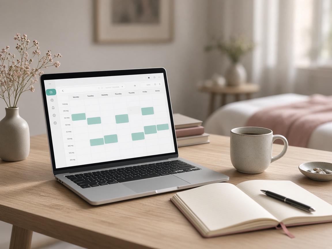 Practitioner desk with a weekly scheduling calendar on a laptop